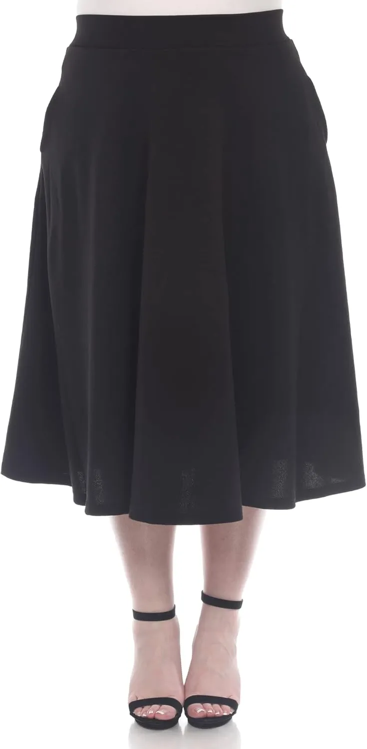 White Women's Plus Size Flared Midi Skirt with Pockets