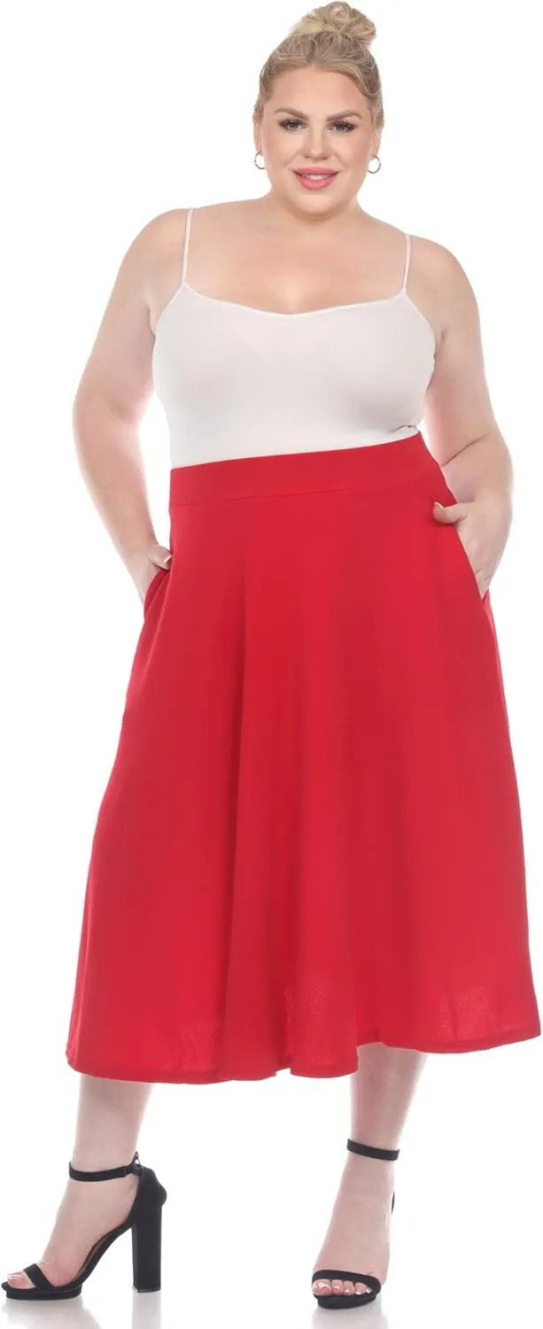 White Women's Plus Size Flared Midi Skirt with Pockets
