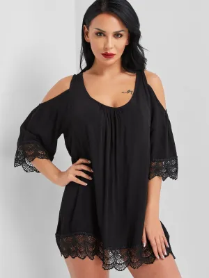 Wholesale Black Scoop Neck Cold Shoulder 3/4 Sleeve Lace Tie-Up Beachwear