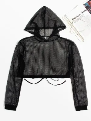 Wholesale Round Neck Plain Hooded Lace-Up Fishnet Long Sleeve Black Cover Ups Swimwear