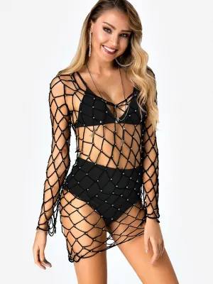 Wholesale Scoop Neck Long Sleeve Plain Backless Lace-Up Fishnet Cover Ups Swimwear
