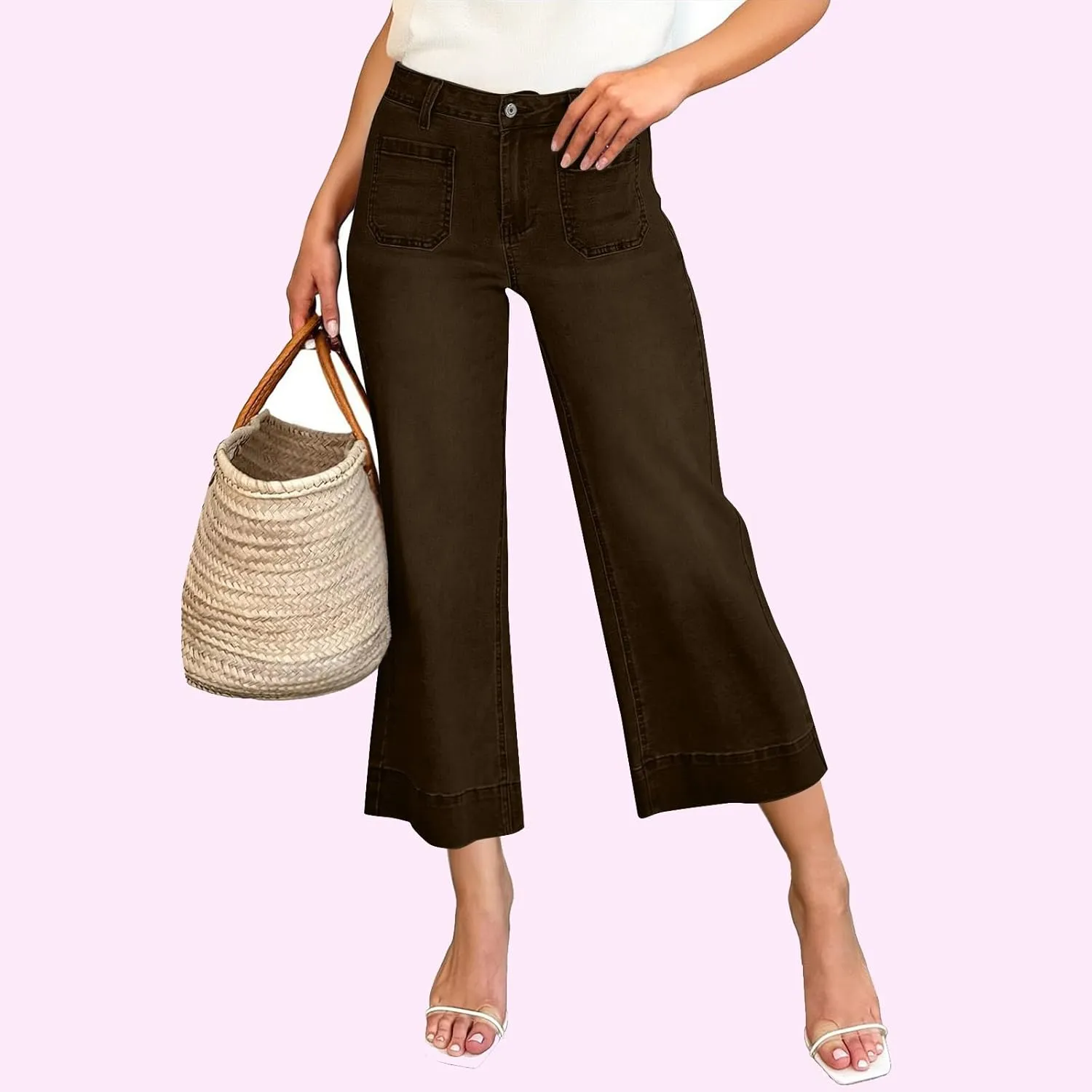Wide Leg Cropped Jeans for Women Bootcut High Waisted Flare Jeans Stretchy Baggy Denim Pants with Front Patch Pockets
