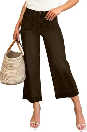 Wide Leg Cropped Jeans for Women Bootcut High Waisted Flare Jeans Stretchy Baggy Denim Pants with Front Patch Pockets