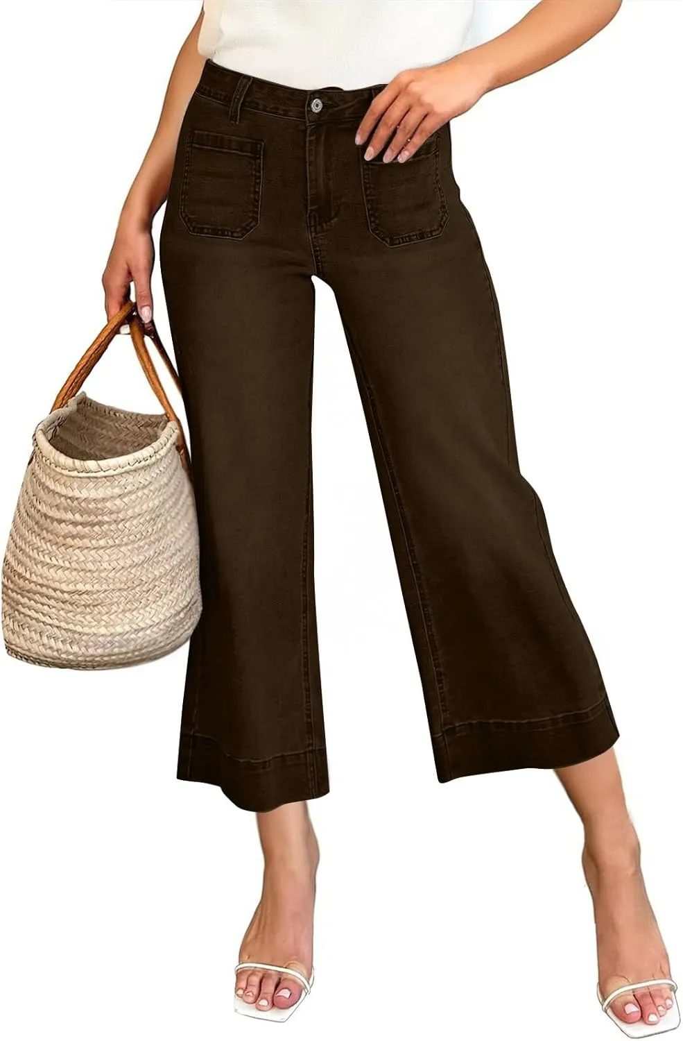 Wide Leg Cropped Jeans for Women Bootcut High Waisted Flare Jeans Stretchy Baggy Denim Pants with Front Patch Pockets