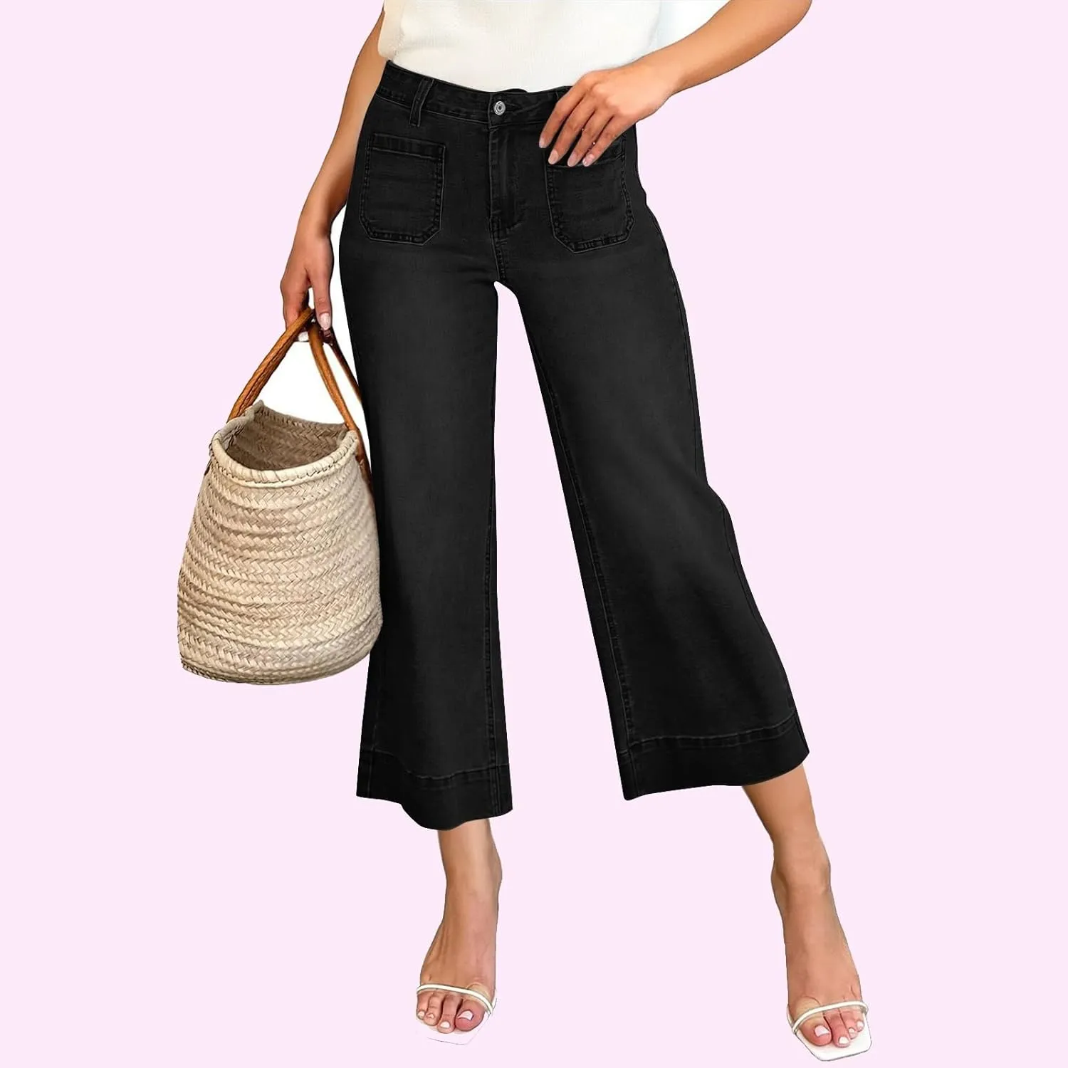 Wide Leg Cropped Jeans for Women Bootcut High Waisted Flare Jeans Stretchy Baggy Denim Pants with Front Patch Pockets