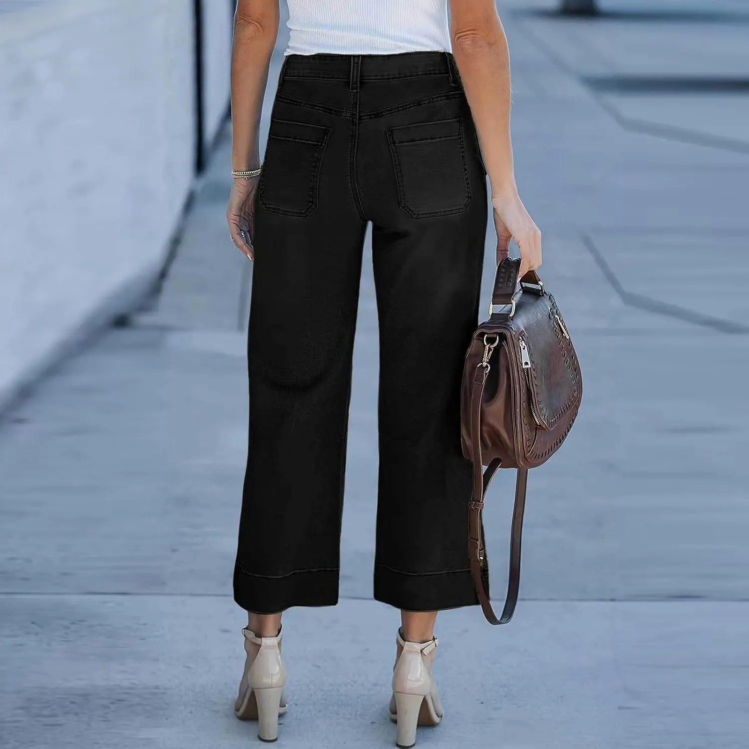 Wide Leg Cropped Jeans for Women Bootcut High Waisted Flare Jeans Stretchy Baggy Denim Pants with Front Patch Pockets