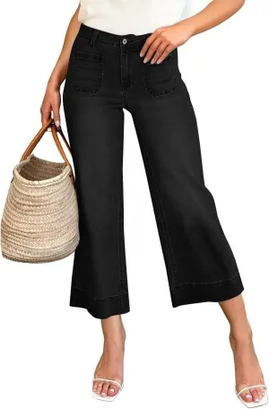 Wide Leg Cropped Jeans for Women Bootcut High Waisted Flare Jeans Stretchy Baggy Denim Pants with Front Patch Pockets