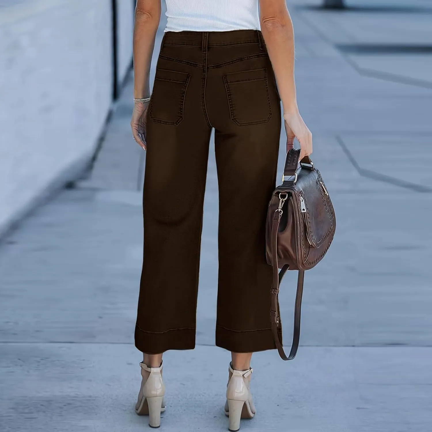 Wide Leg Cropped Jeans for Women Bootcut High Waisted Flare Jeans Stretchy Baggy Denim Pants with Front Patch Pockets