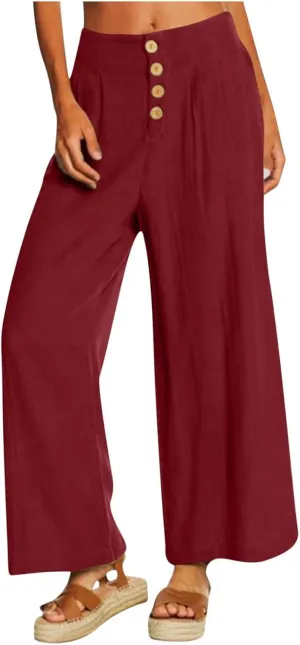 Wide Leg Linen Pants for Women Cotton Elastic Waisted Casual Loose Baggy Flowy Lounge Trousers with Pockets