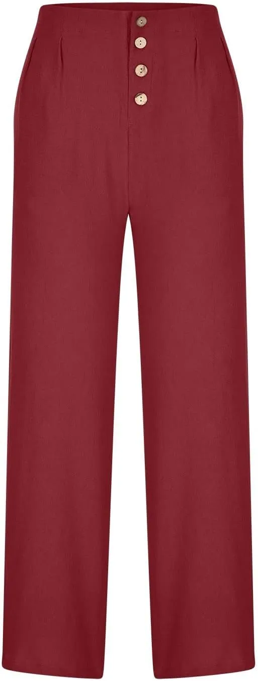 Wide Leg Linen Pants for Women Cotton Elastic Waisted Casual Loose Baggy Flowy Lounge Trousers with Pockets