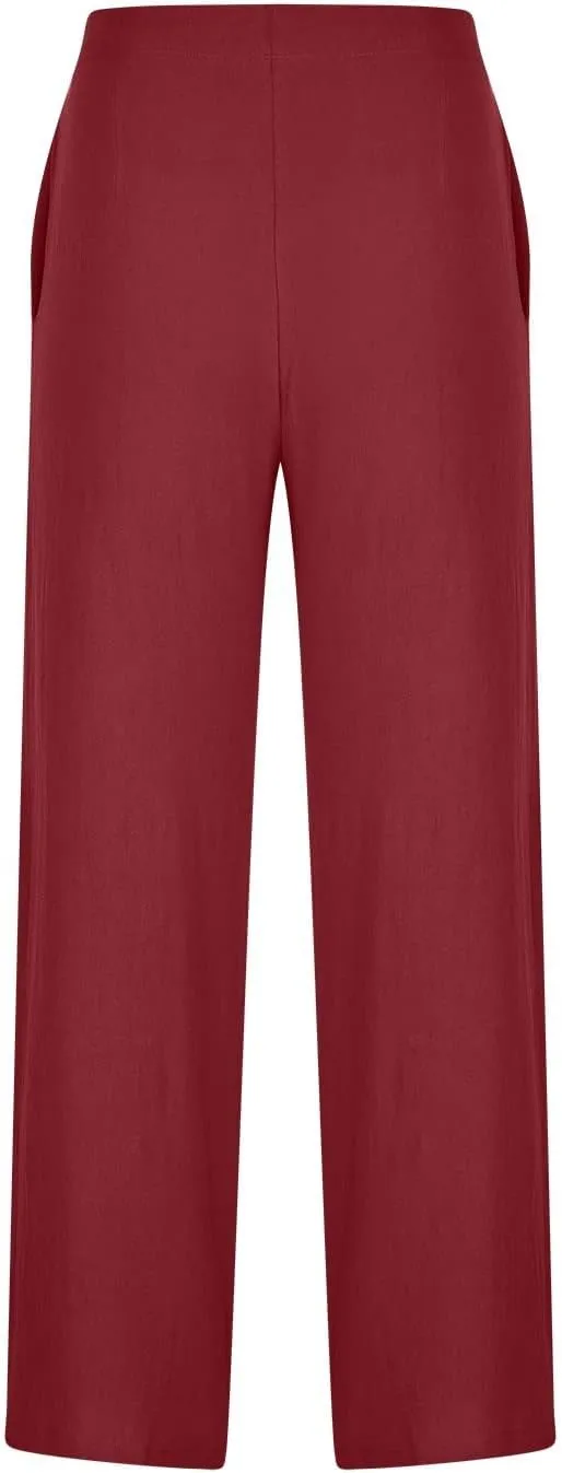 Wide Leg Linen Pants for Women Cotton Elastic Waisted Casual Loose Baggy Flowy Lounge Trousers with Pockets