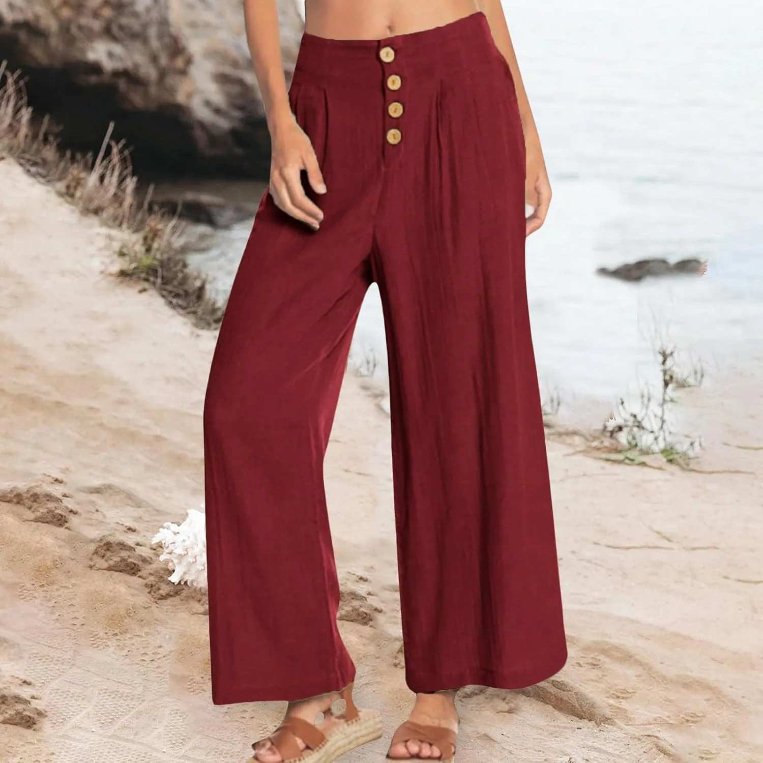 Wide Leg Linen Pants for Women Cotton Elastic Waisted Casual Loose Baggy Flowy Lounge Trousers with Pockets
