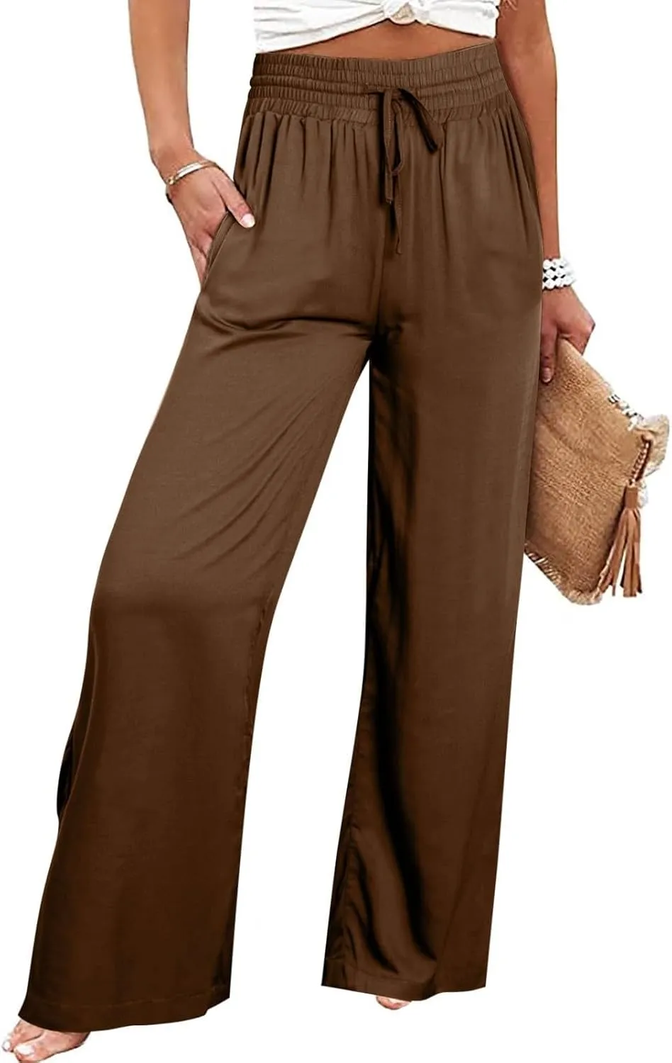 Wide Leg Lounge Pants for Women, Casual Boho Pants, High Waisted Palazzo Pants with Pockets for Work and Play
