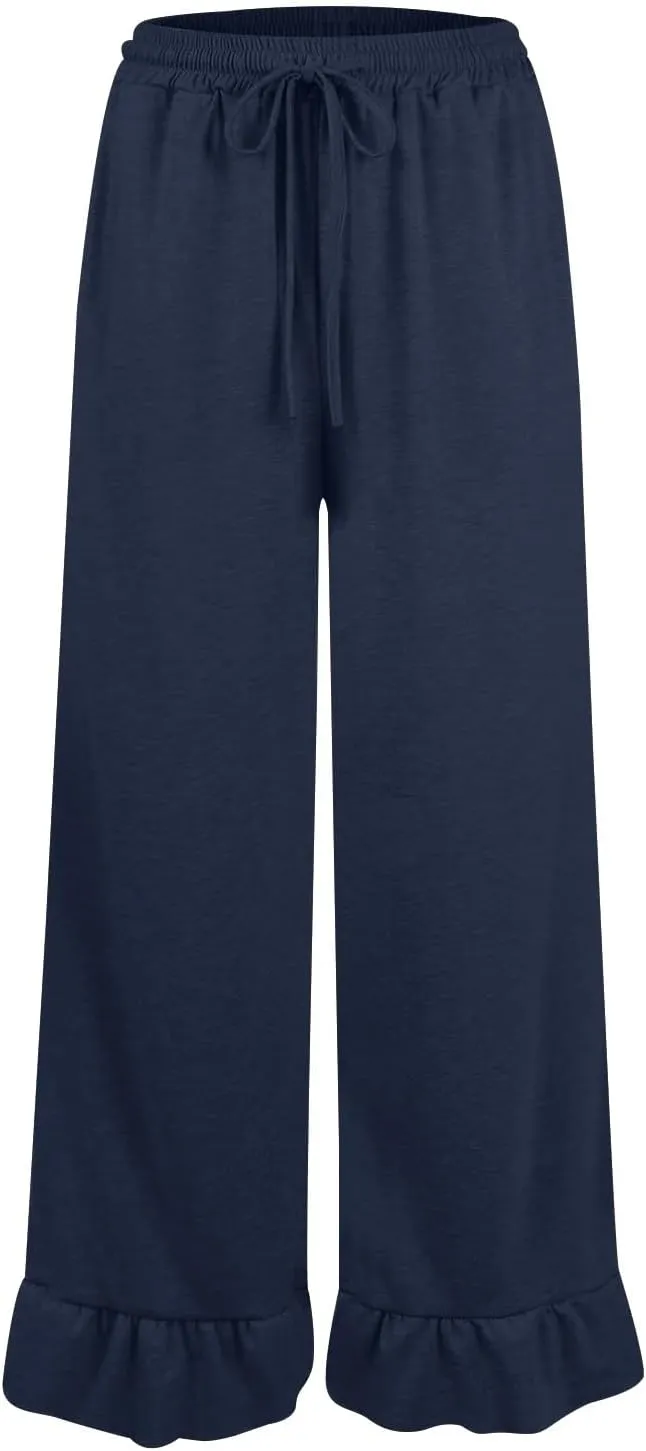 Wide Leg Trouser Pants for Women Drawstring High Waisted Ruffle Hem Palazzo Pants with Pockets Boho Flowy Pants