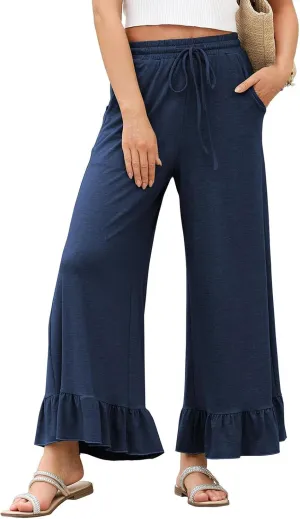 Wide Leg Trouser Pants for Women Drawstring High Waisted Ruffle Hem Palazzo Pants with Pockets Boho Flowy Pants