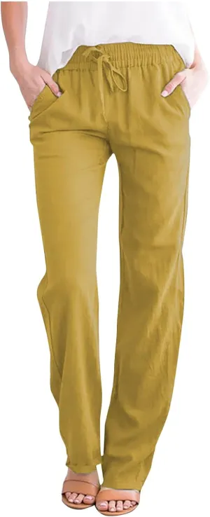 Women Business Casual Cotton Linen Pants Drawstring High Waist Trousers Solid Lightweight Vacation Travel Slacks 2025