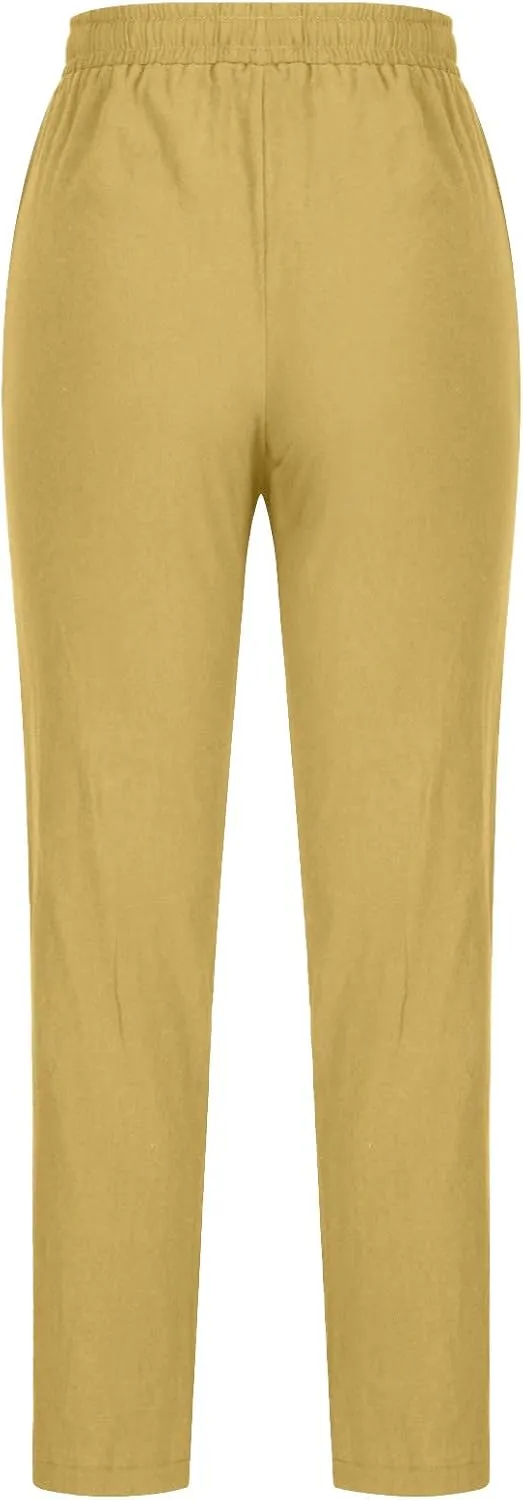 Women Business Casual Cotton Linen Pants Drawstring High Waist Trousers Solid Lightweight Vacation Travel Slacks 2025