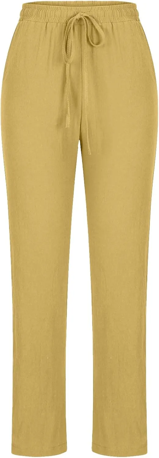 Women Business Casual Cotton Linen Pants Drawstring High Waist Trousers Solid Lightweight Vacation Travel Slacks 2025