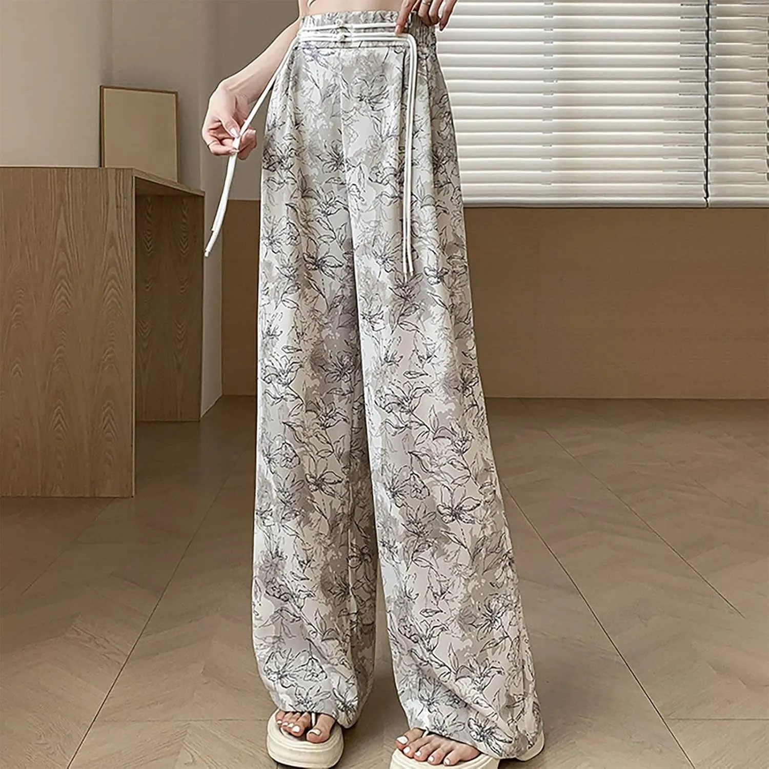 Women Chinese Style Wide Leg Pants Chinese Frog Button Drawstring High Waist Trouser Vintage Print Casual Flowy Pant