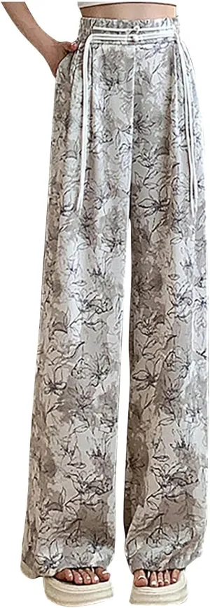 Women Chinese Style Wide Leg Pants Chinese Frog Button Drawstring High Waist Trouser Vintage Print Casual Flowy Pant