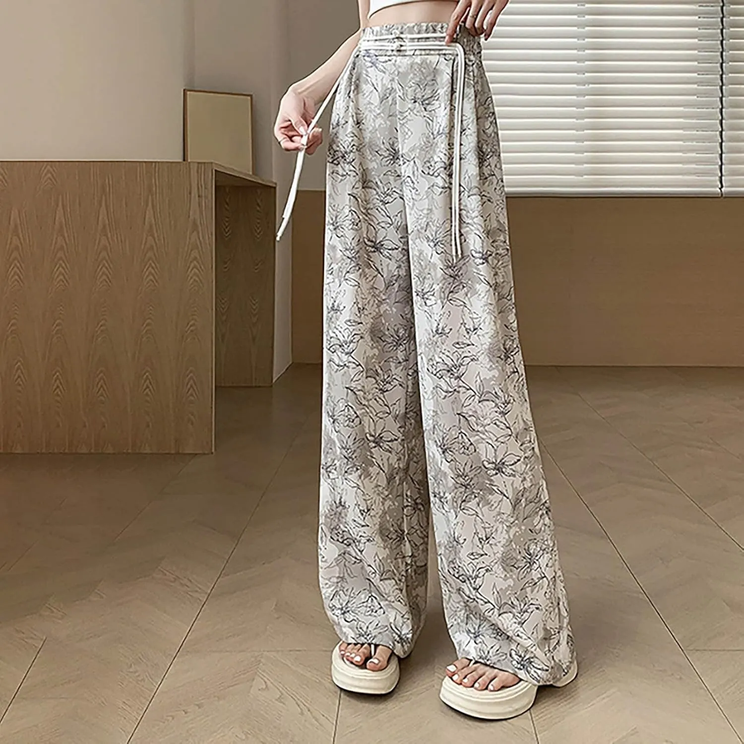 Women Chinese Style Wide Leg Pants Chinese Frog Button Drawstring High Waist Trouser Vintage Print Casual Flowy Pant