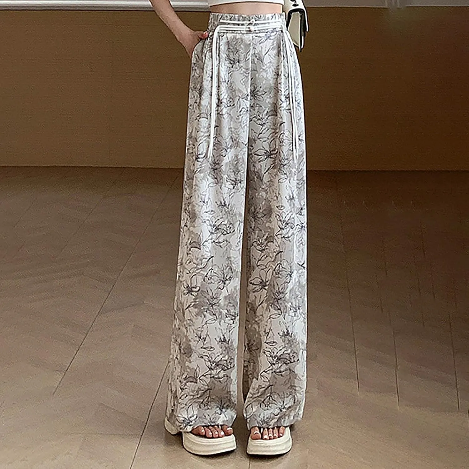 Women Chinese Style Wide Leg Pants Chinese Frog Button Drawstring High Waist Trouser Vintage Print Casual Flowy Pant