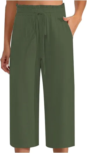 Women Cotton Linen Summer Boho Palazzo Pants Elastic Waist Bootcut Loose Fit Pant Trousers Business Work