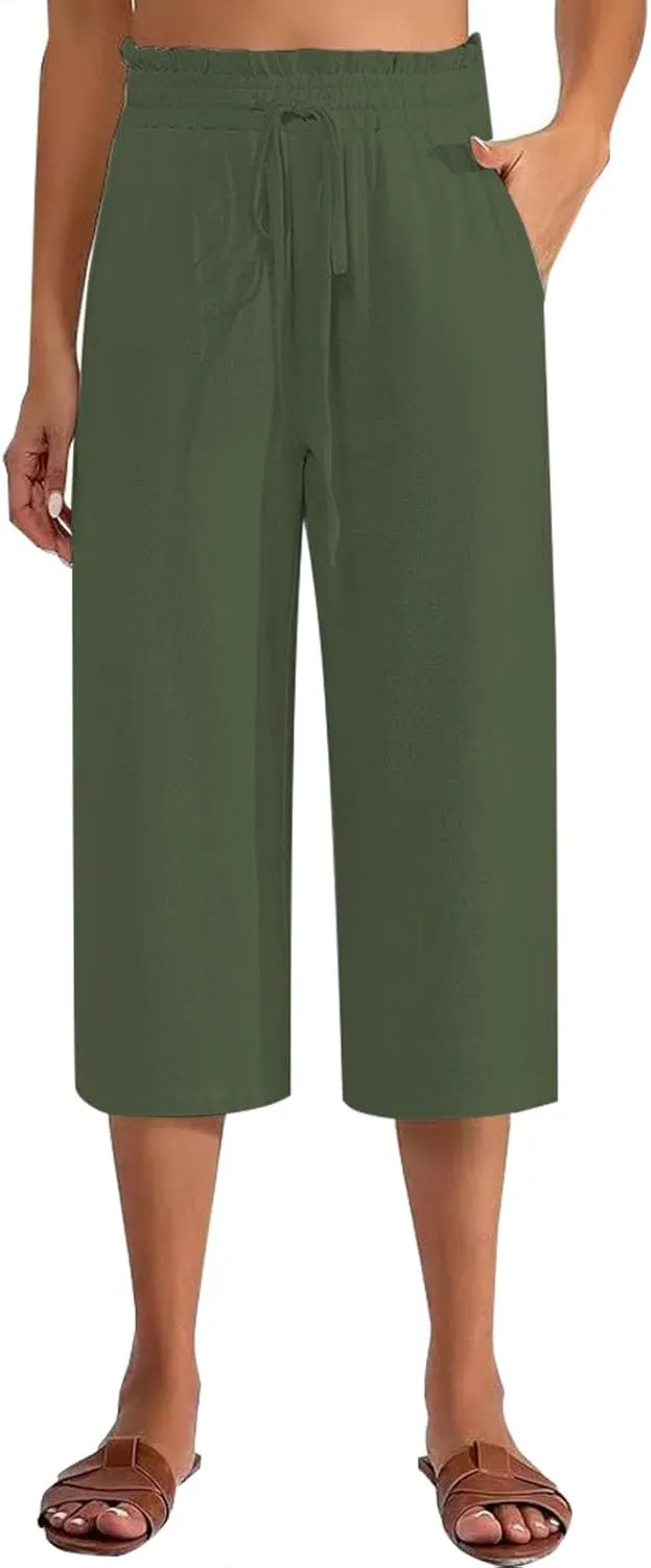 Women Cotton Linen Summer Boho Palazzo Pants Elastic Waist Bootcut Loose Fit Pant Trousers Business Work