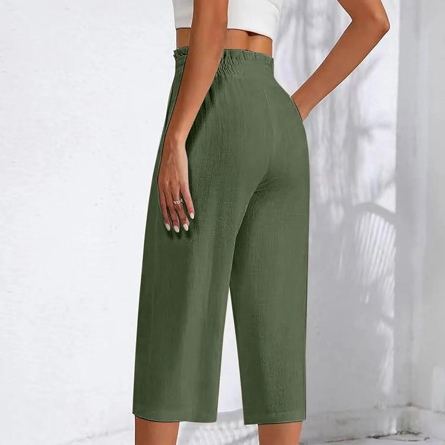 Women Cotton Linen Summer Boho Palazzo Pants Elastic Waist Bootcut Loose Fit Pant Trousers Business Work