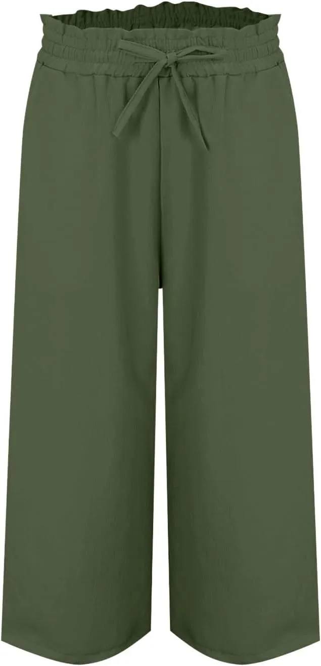 Women Cotton Linen Summer Boho Palazzo Pants Elastic Waist Bootcut Loose Fit Pant Trousers Business Work