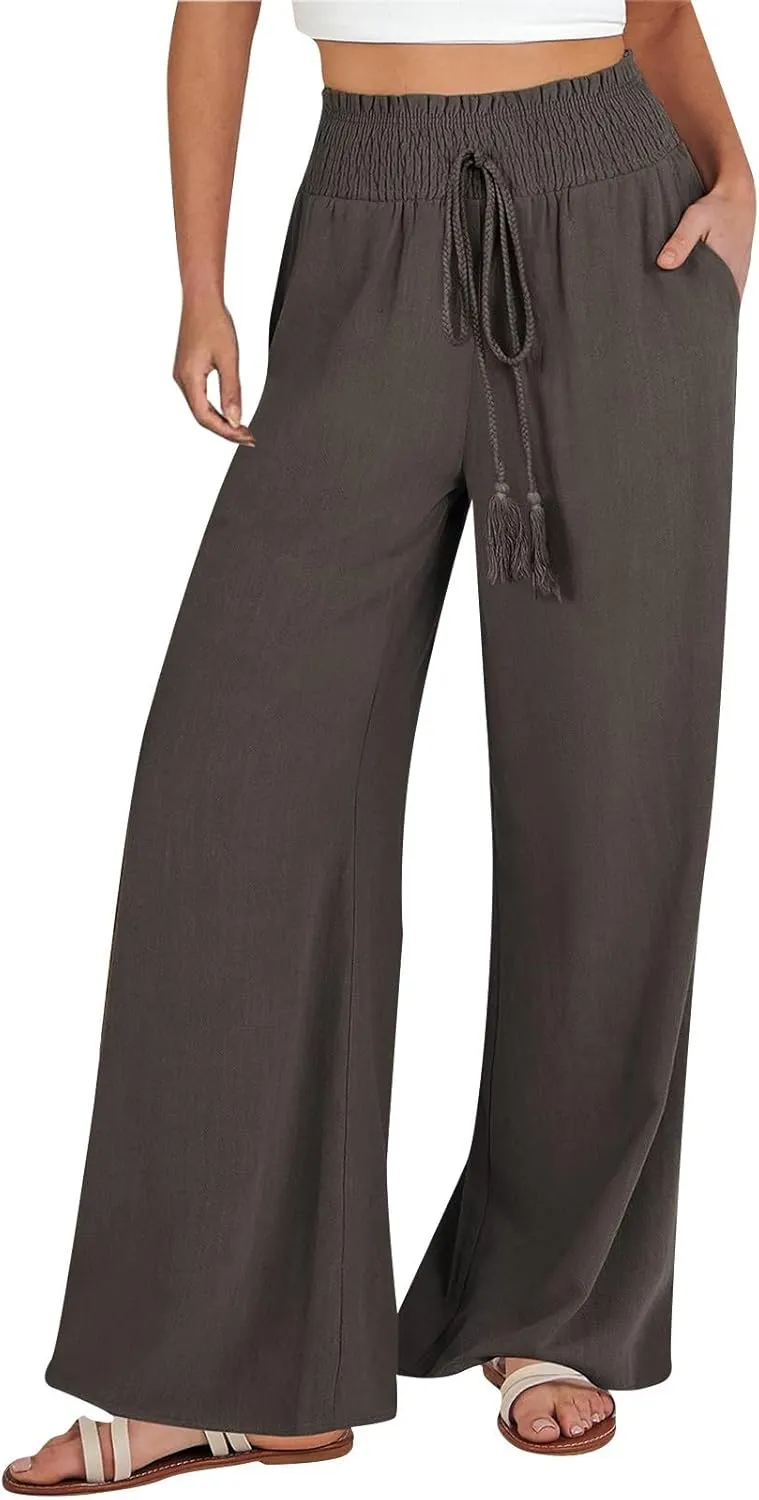 Women Cotton Linen Summer Casual Loose Palazzo Lounge Pants Elastic Waisted Stretchy Slim Fit Pant Trousers