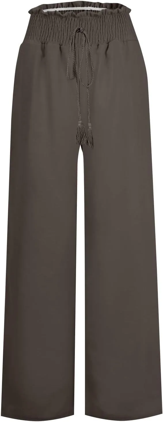 Women Cotton Linen Summer Casual Loose Palazzo Lounge Pants Elastic Waisted Stretchy Slim Fit Pant Trousers