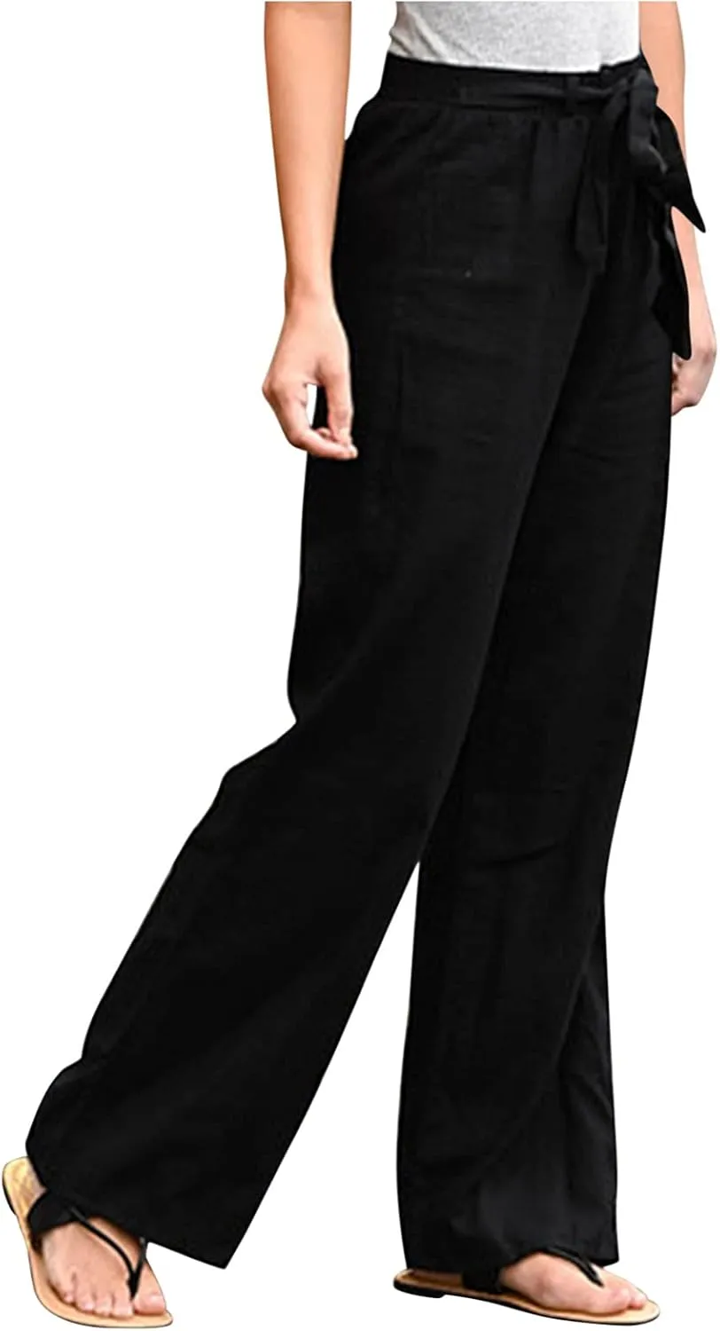 Women Cotton Linen Summer Comfy Pant Trousers Elastic Waist Baggy Stretchy Slim Fit Palazzo Lounge Pants Trendy