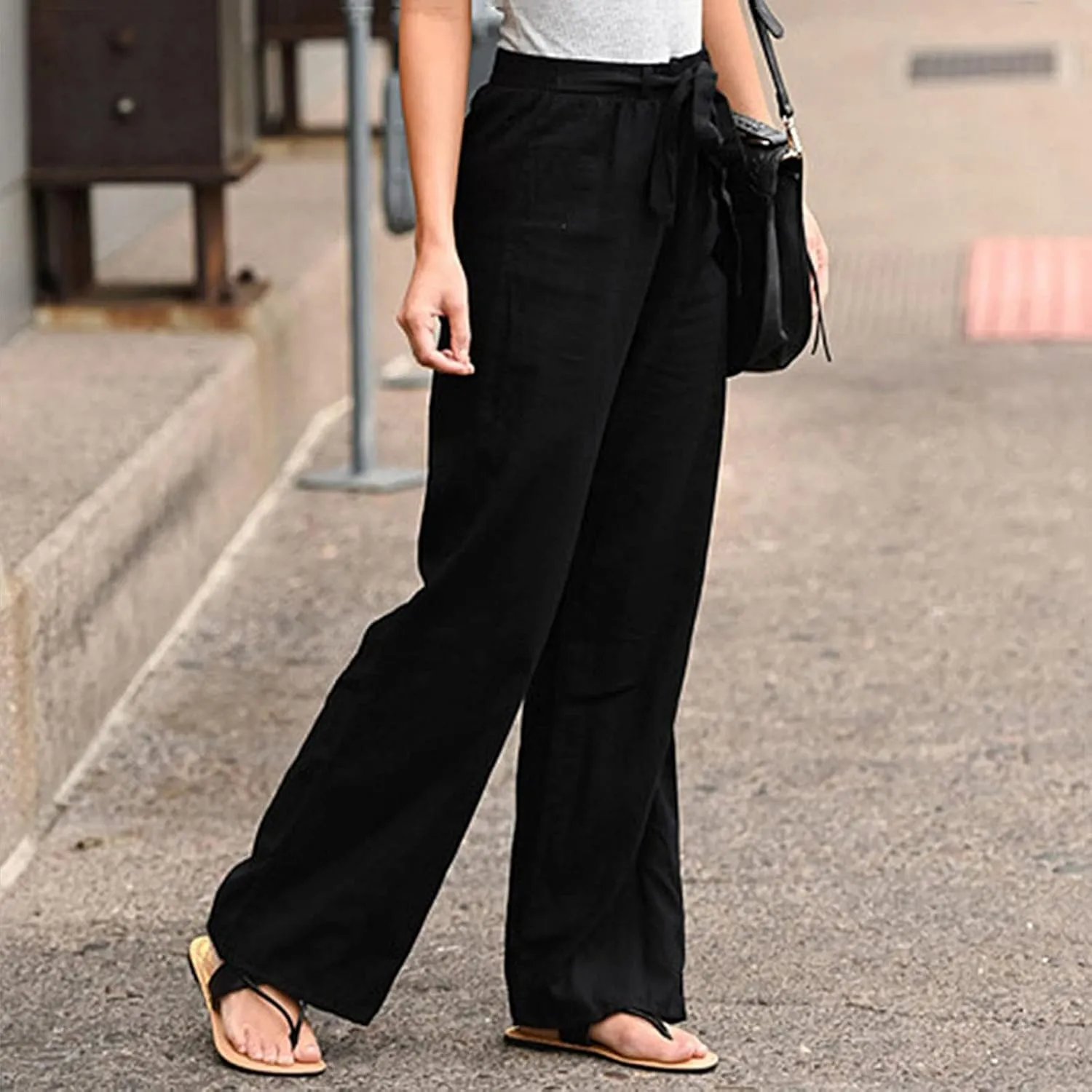 Women Cotton Linen Summer Comfy Pant Trousers Elastic Waist Baggy Stretchy Slim Fit Palazzo Lounge Pants Trendy