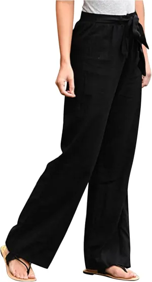 Women Cotton Linen Summer Comfy Pant Trousers Elastic Waist Baggy Stretchy Slim Fit Palazzo Lounge Pants Trendy