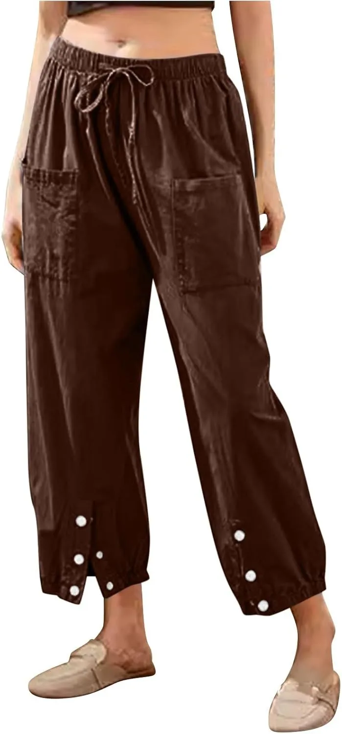 Women Cotton Linen Summer Letter Patched Palazzo Lounge Pants Elastic Waist Straight Loose Fit Palazzo Lounge