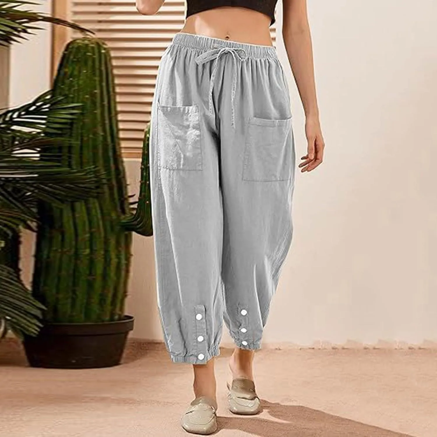 Women Cotton Linen Summer Letter Patched Palazzo Lounge Pants Elastic Waist Straight Loose Fit Palazzo Lounge