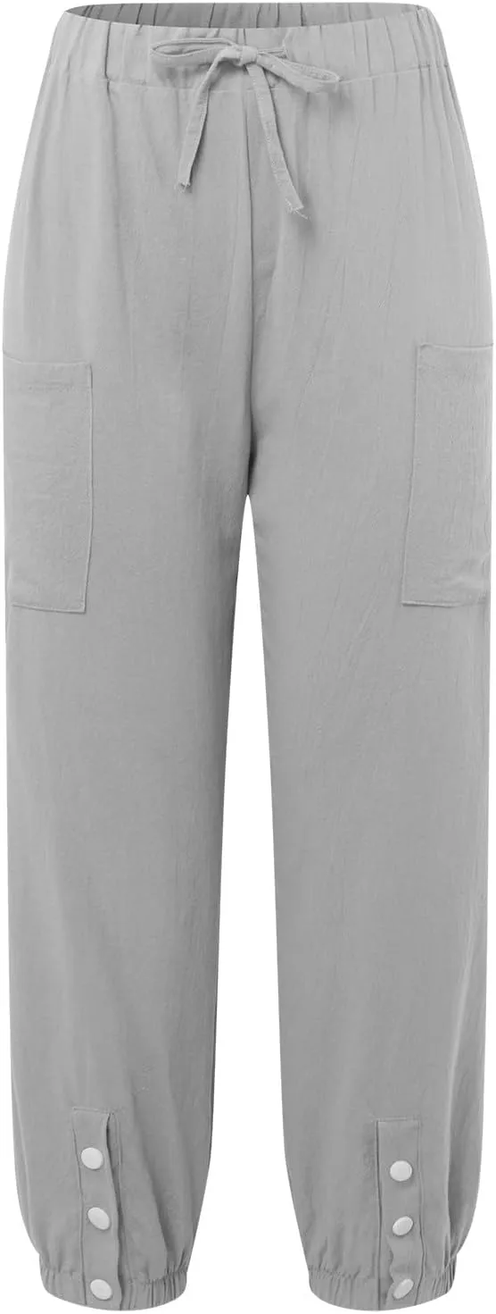 Women Cotton Linen Summer Letter Patched Palazzo Lounge Pants Elastic Waist Straight Loose Fit Palazzo Lounge