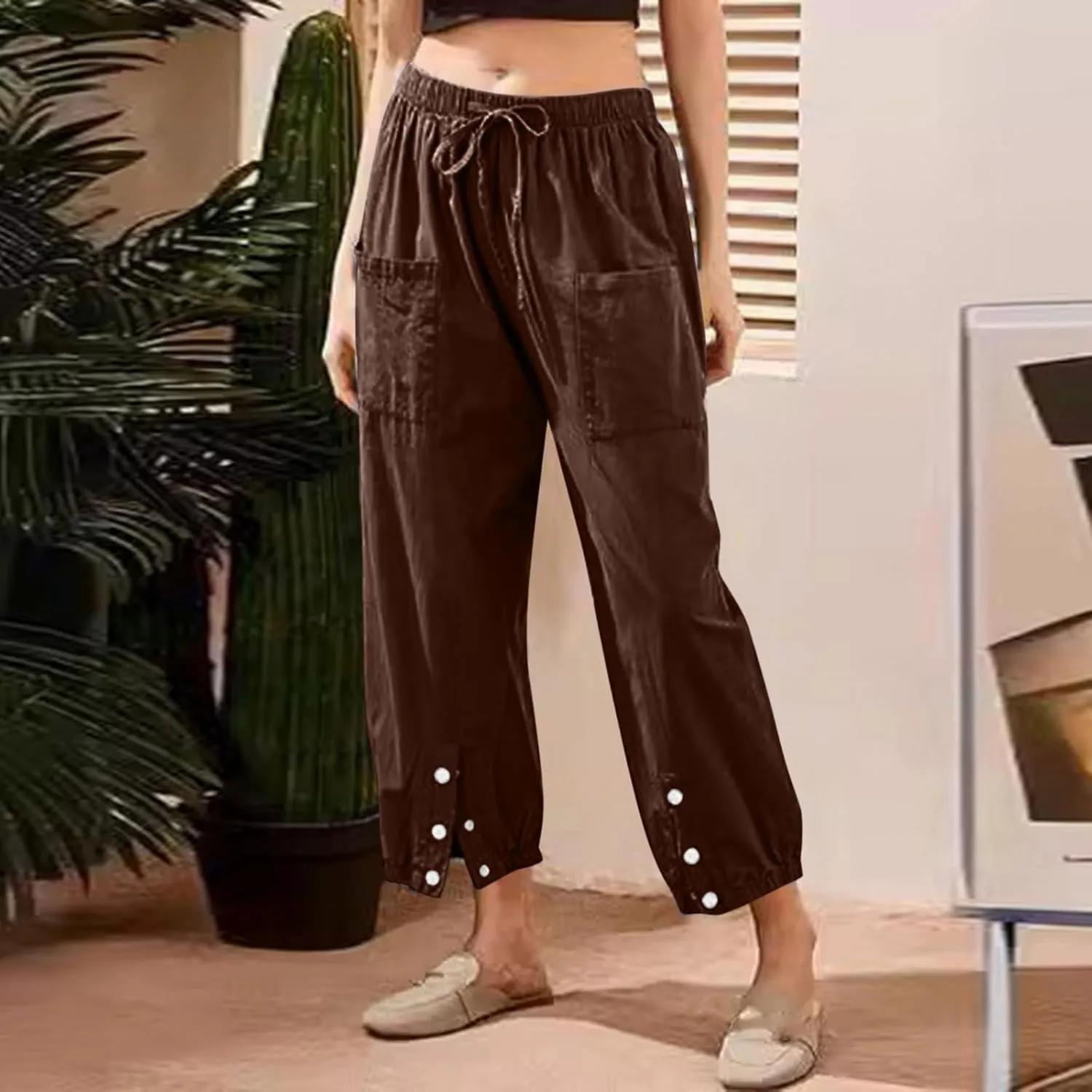 Women Cotton Linen Summer Letter Patched Palazzo Lounge Pants Elastic Waist Straight Loose Fit Palazzo Lounge