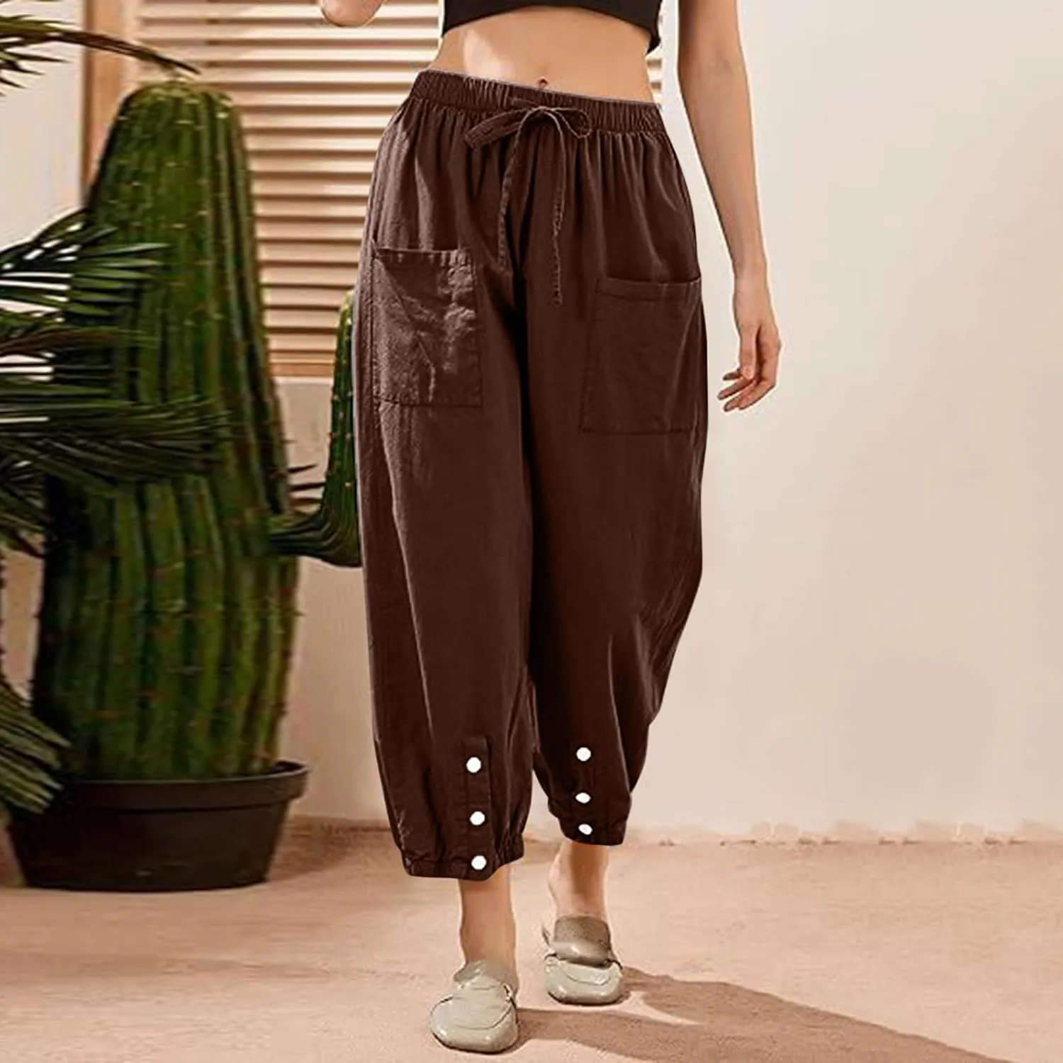 Women Cotton Linen Summer Letter Patched Palazzo Lounge Pants Elastic Waist Straight Loose Fit Palazzo Lounge