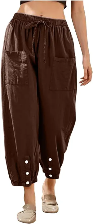 Women Cotton Linen Summer Letter Patched Palazzo Lounge Pants Elastic Waist Straight Loose Fit Palazzo Lounge