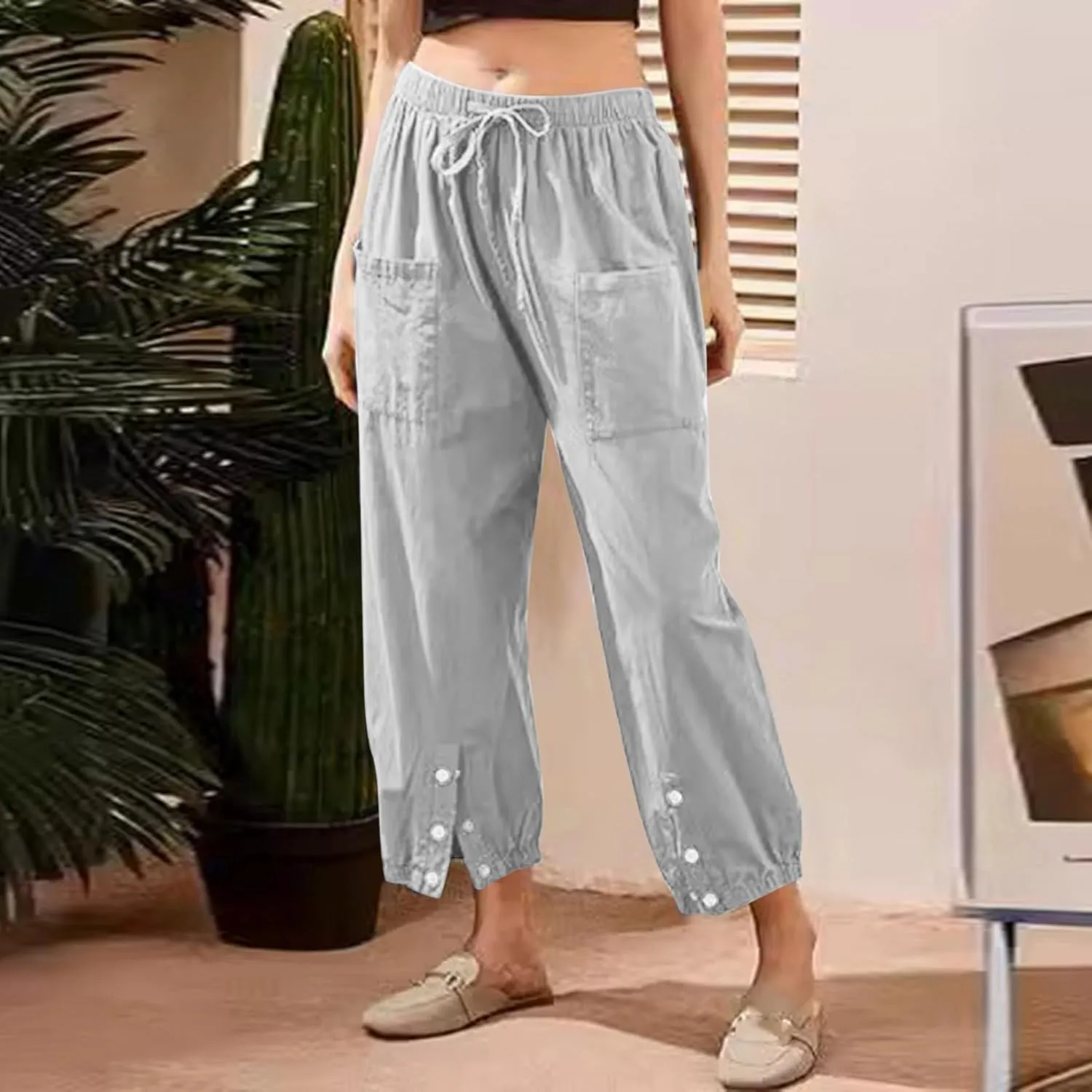 Women Cotton Linen Summer Letter Patched Palazzo Lounge Pants Elastic Waist Straight Loose Fit Palazzo Lounge
