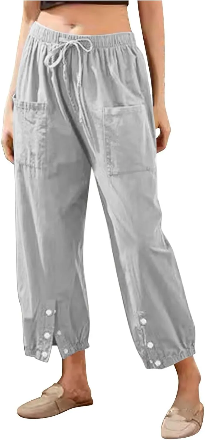 Women Cotton Linen Summer Letter Patched Palazzo Lounge Pants Elastic Waist Straight Loose Fit Palazzo Lounge