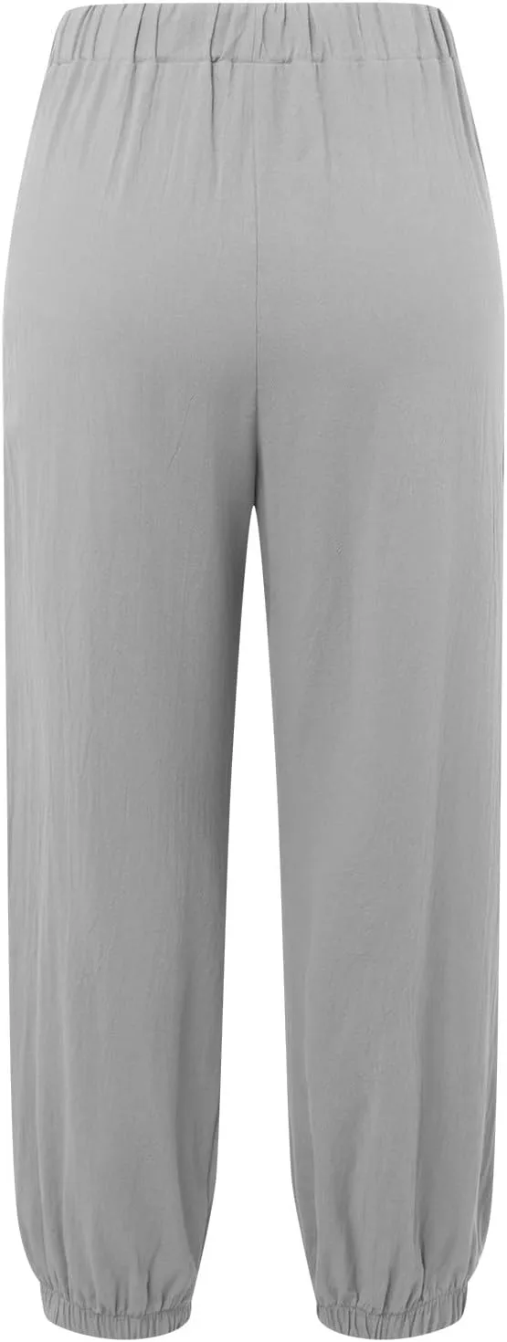 Women Cotton Linen Summer Letter Patched Palazzo Lounge Pants Elastic Waist Straight Loose Fit Palazzo Lounge