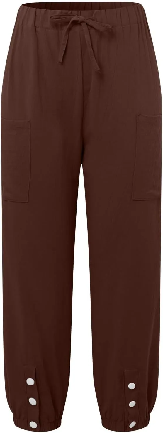 Women Cotton Linen Summer Letter Patched Palazzo Lounge Pants Elastic Waist Straight Loose Fit Palazzo Lounge