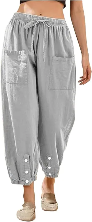 Women Cotton Linen Summer Letter Patched Palazzo Lounge Pants Elastic Waist Straight Loose Fit Palazzo Lounge