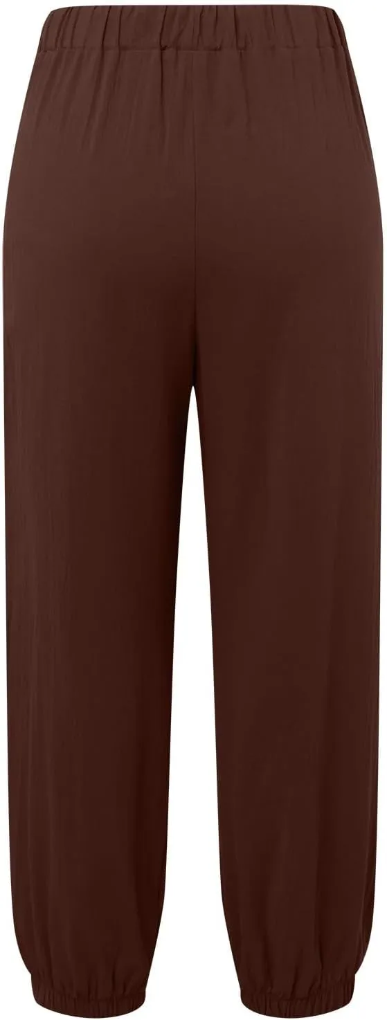 Women Cotton Linen Summer Letter Patched Palazzo Lounge Pants Elastic Waist Straight Loose Fit Palazzo Lounge