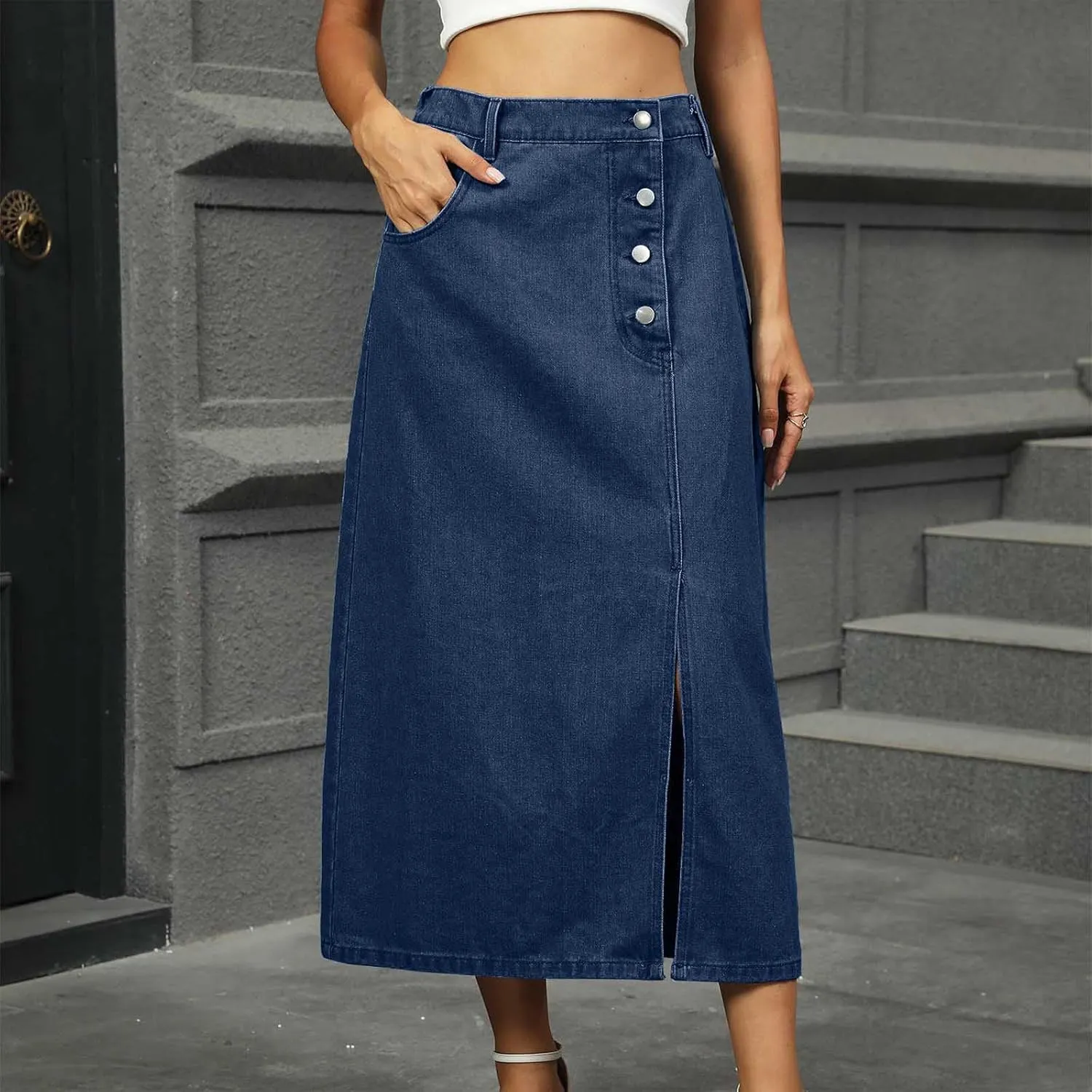 Women Fashion Button Denim Skirt, High Waisted Split Hem Casual Long Skirts Going Out Trendy Clothes with Pockets