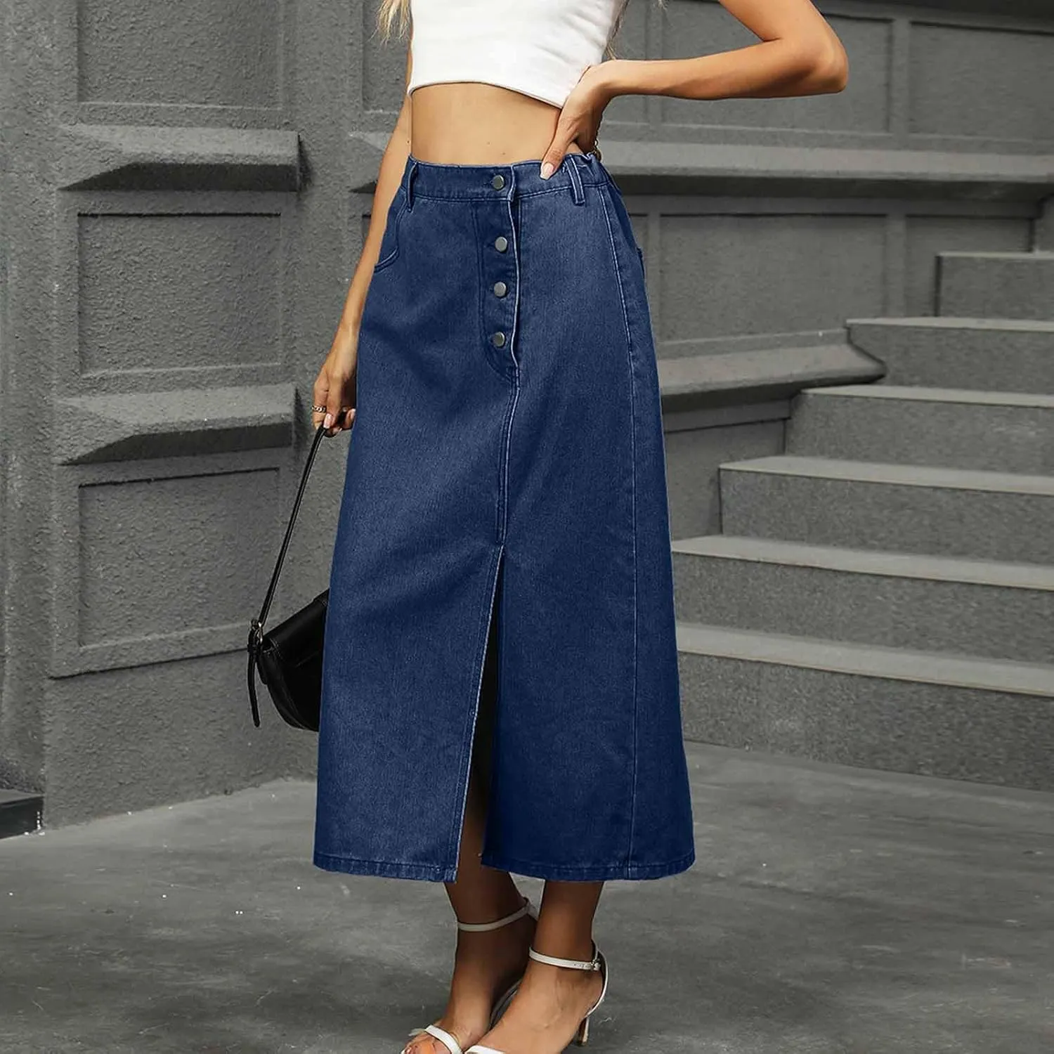 Women Fashion Button Denim Skirt, High Waisted Split Hem Casual Long Skirts Going Out Trendy Clothes with Pockets