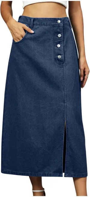 Women Fashion Button Denim Skirt, High Waisted Split Hem Casual Long Skirts Going Out Trendy Clothes with Pockets